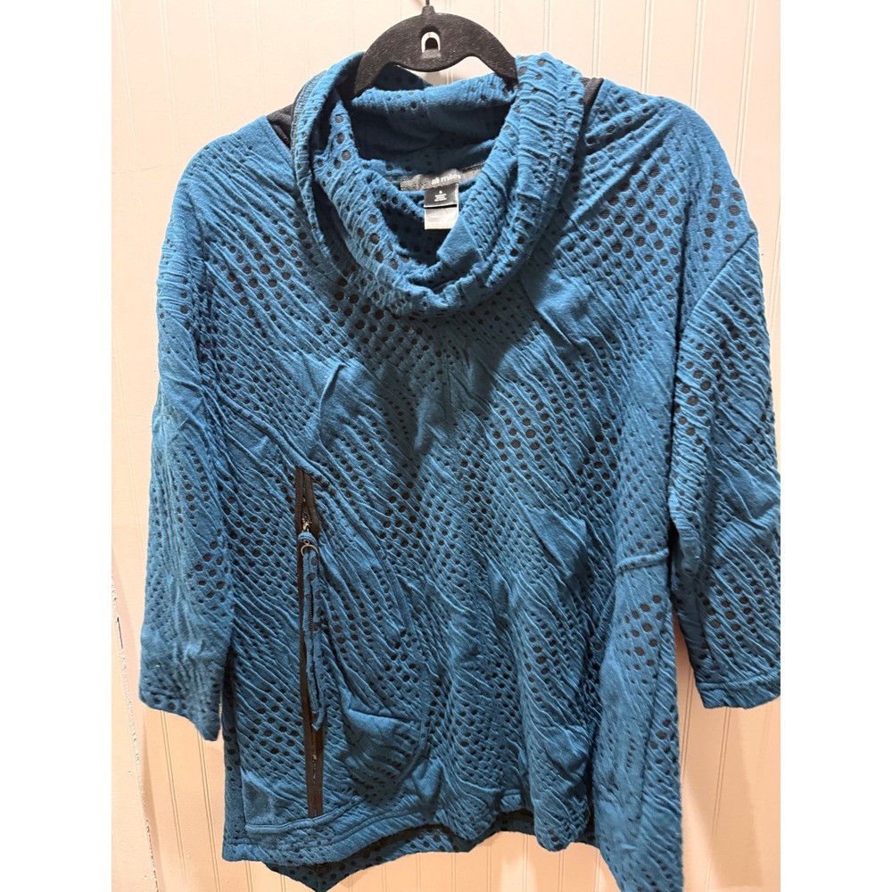 Ali Miles Teal Blue Polka Dot Textured Cowl Neck Tunic Top Zipper Detail Small